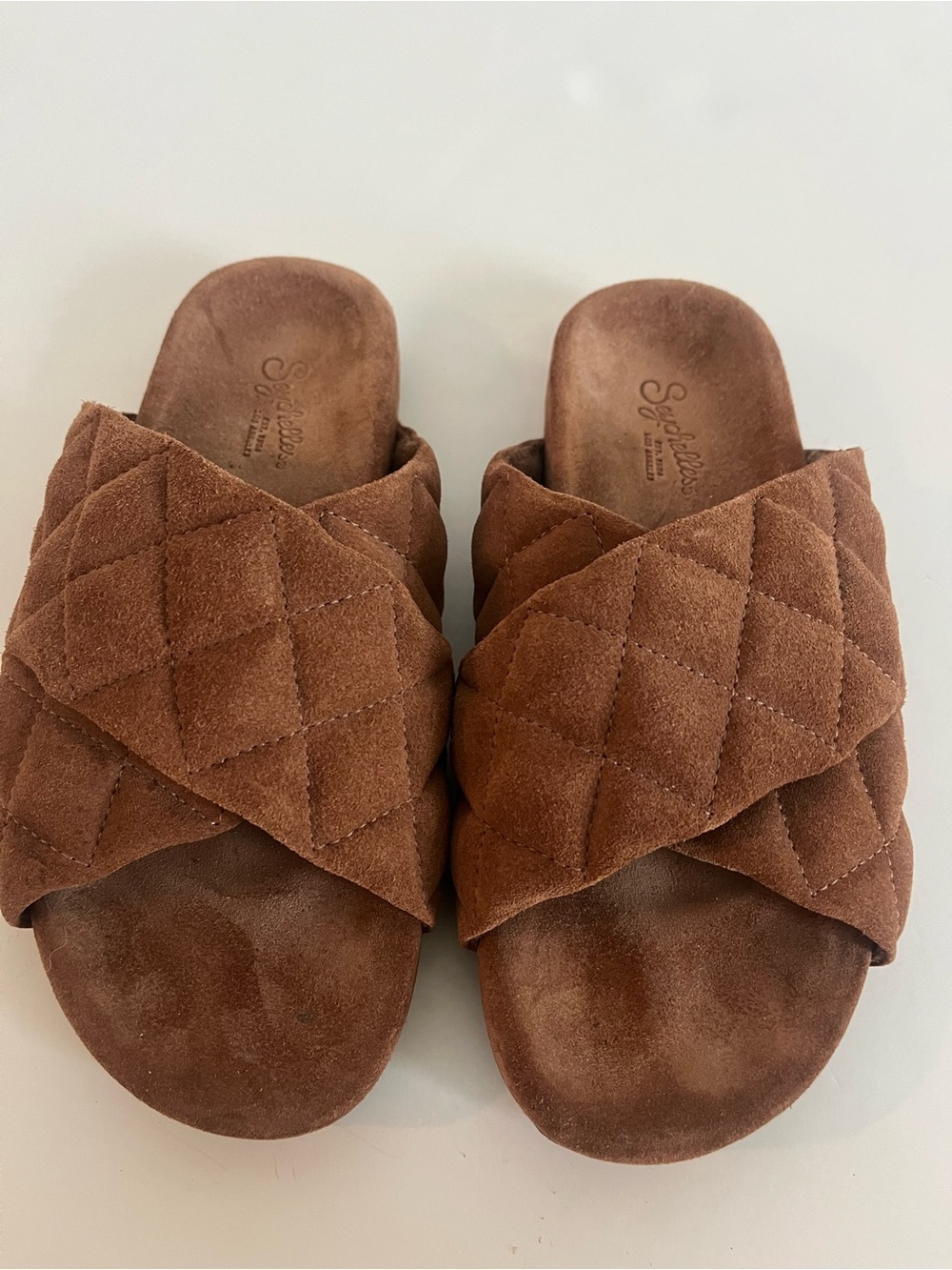 Seychelles Quilted Crisscross Slide Sandals in Chestnut Brown